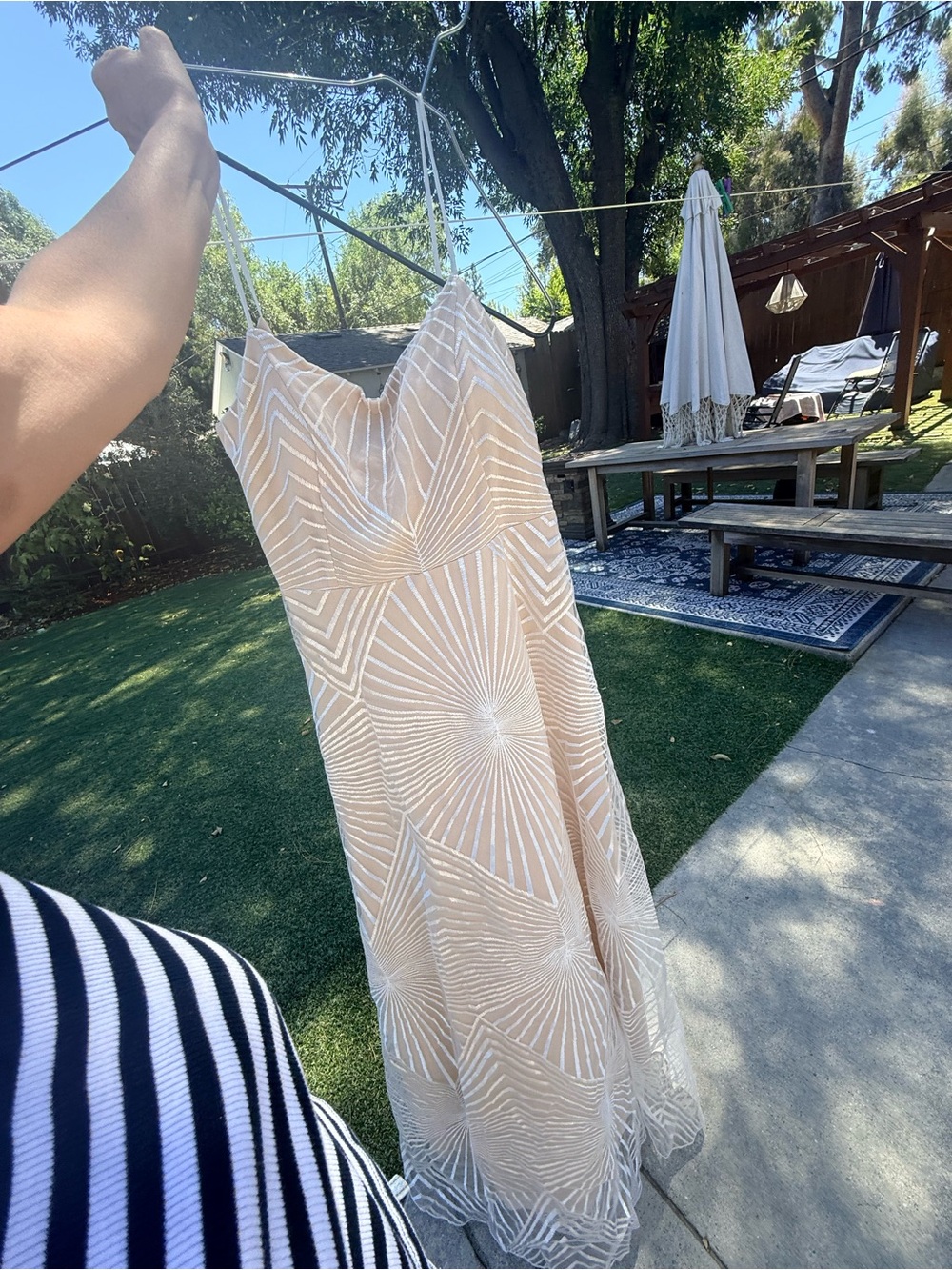 Beautiful nude dress with silver overlay